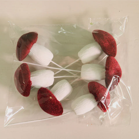 6 X VELVET TOUCH TOADSTOOLS ON PICK BURGUNDY