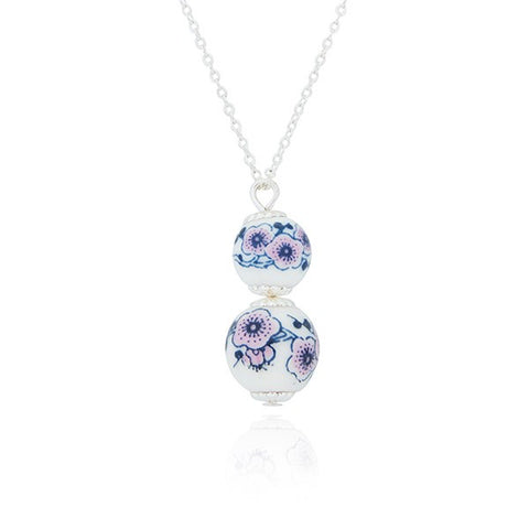 344548 CERAMIC FLORAL DOUBLE SILVER PLATED NECKLACE