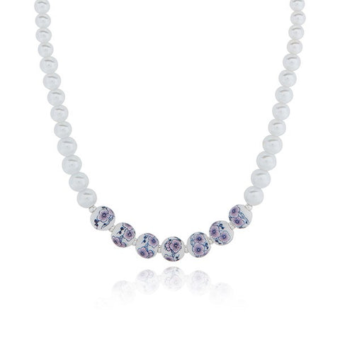 344550 CERAMIC FLORAL PEARL SILVER PLATED NECKLACE