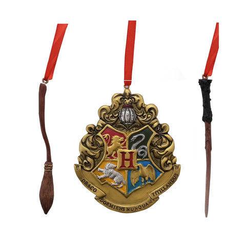 HARRY POTTER SET OF 3 RESIN TREE DECS WAND, CREST & BROOM
