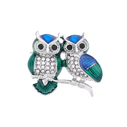 IBRO1248 BLUE/GREEN DOUBLE OWL BROOCH