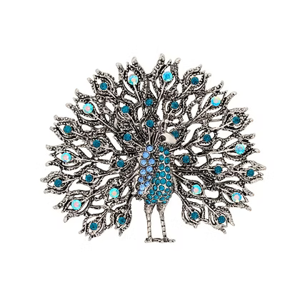 IBRO1264 RHODIUM LARGE PEACOCK BROOCH