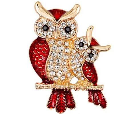 IBRO1290 DOUBLE RED OWL ON BRANCH BROOCH