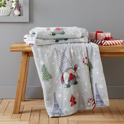 CHRISTMAS FESTIVE GNOMES THROW RED/GREY 130X170CMS
