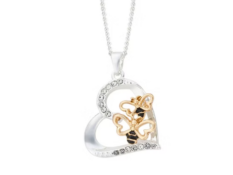 INEC4536 2 GOLD BEES IN SILVER HEART NECKLACE