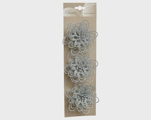 3 X FLOWER ON CLIP SILVER GLITTER