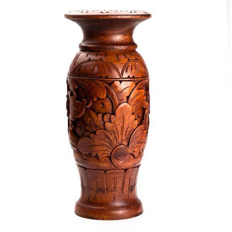 TALL CARVED WOOD VASE WITH LIP 37CM