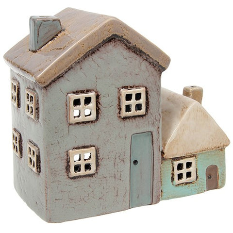 VILLAGE POTTERY GREY/AQUA 2 HOUSES TEALIGHT