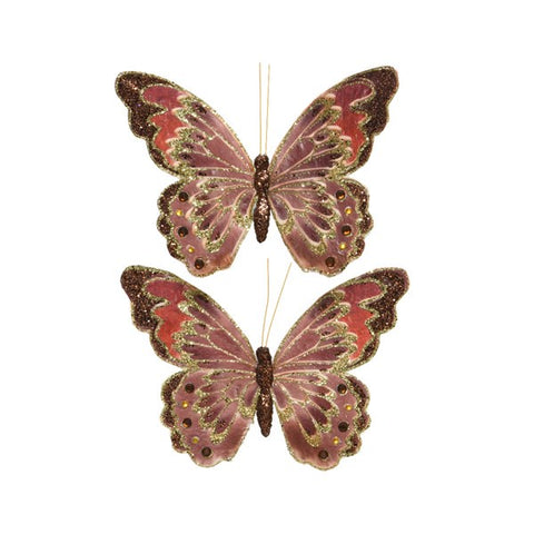 2 X BROWN FABRIC BUTTERFLY WITH GLITTER ON CLIP