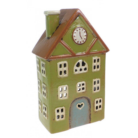 5659 CERAMIC TEALIGHT HOUSE GREEN WITH CLOCK