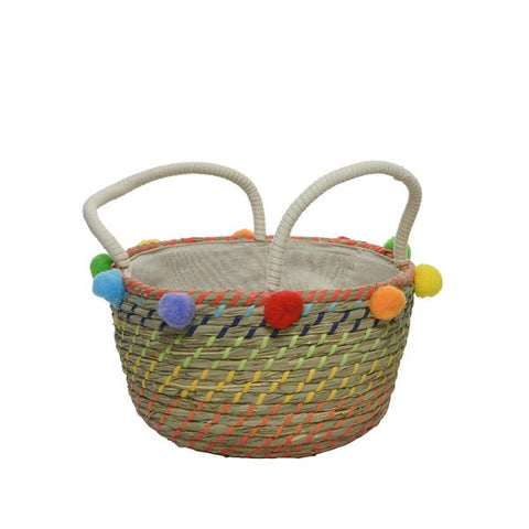 BASKET SEA GRASS WITH COLOURFUL POMPOM