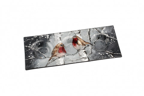WINTER ROBINS GLASS 3 X TEA LIGHT PLATE