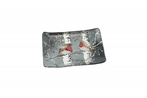 WINTER ROBINS GLASS SMALL RECTANGULAR DISH